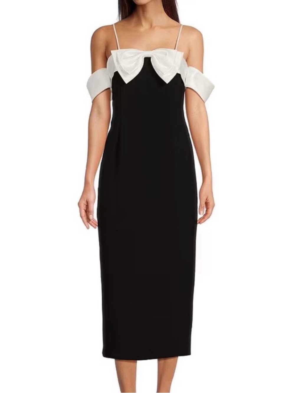 Alex Marie Black White Bow Midi Dress Size 16 Off Shoulder Cocktail Wedding